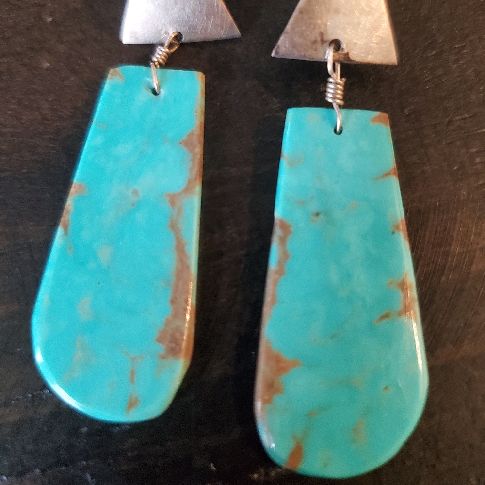 Vintage Navajo Turquoise Sterling Slab Earrings - Picture 8 of 8